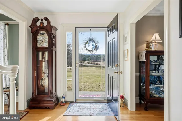 a view of entryway and hall with wooden floor