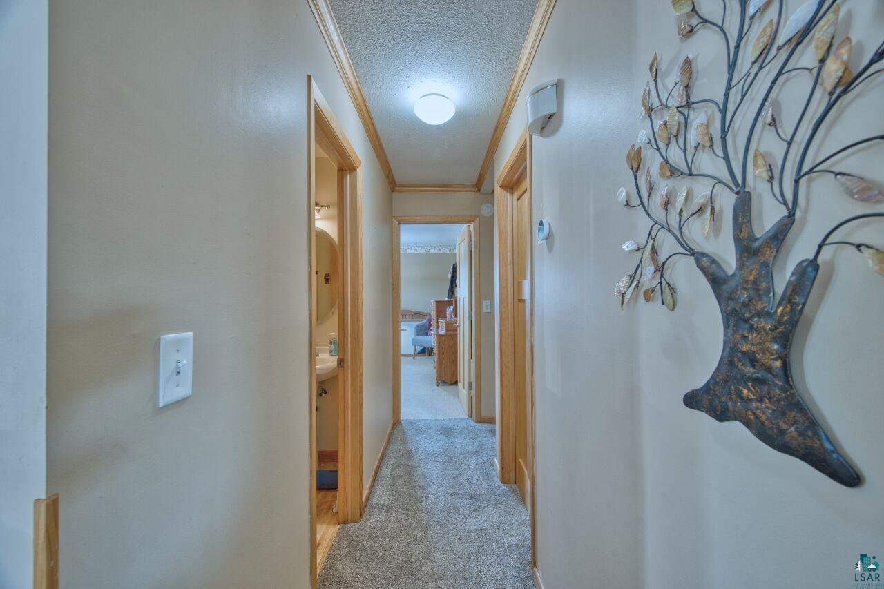 203 Wyandotte Road Hoyt Lakes, MN 55750 - Photo 15 of 39 Corridor featuring ornamental molding, a textured ceiling, and light carpet