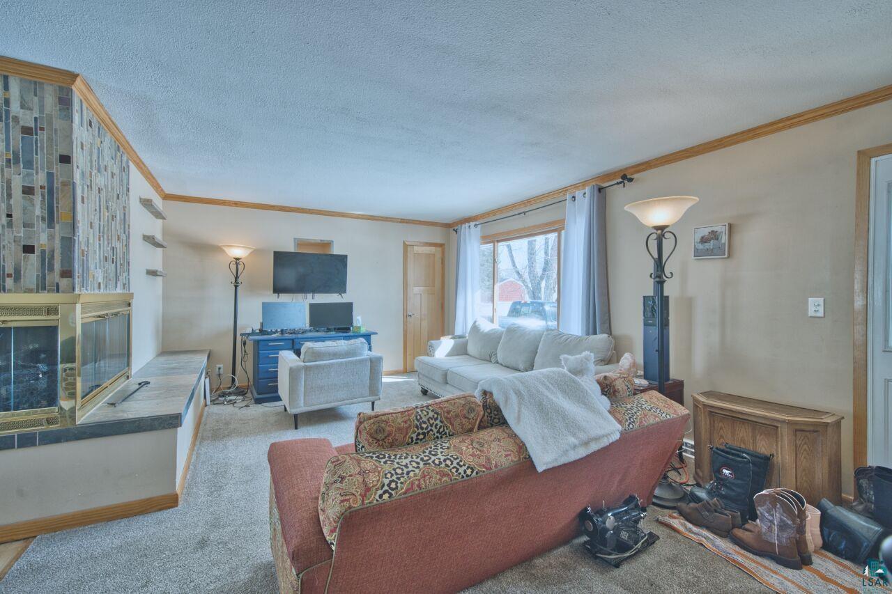203 Wyandotte Road Hoyt Lakes, MN 55750 - Photo 4 of 44 Living room featuring a glass covered fireplace, carpet flooring, ornamental molding, and a textured ceiling