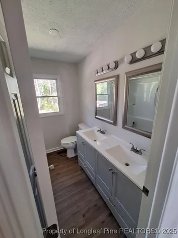 a bathroom with a double vanity sink mirror and toilet