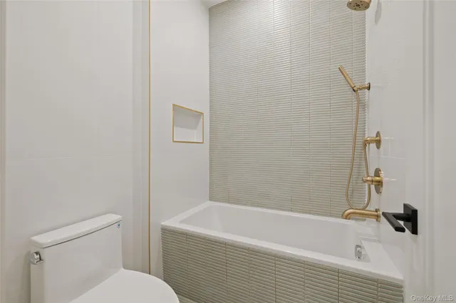 a bathroom with a bathtub and a toilet