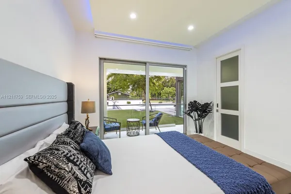 a bedroom with a bed and a night stand