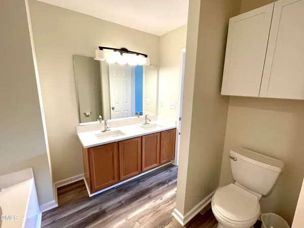 a bathroom with a sink mirror vanity and toilet
