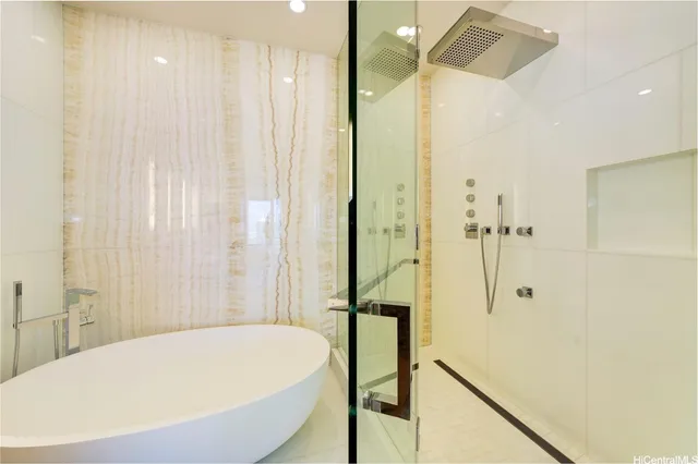 a bathroom with a bathtub and a shower