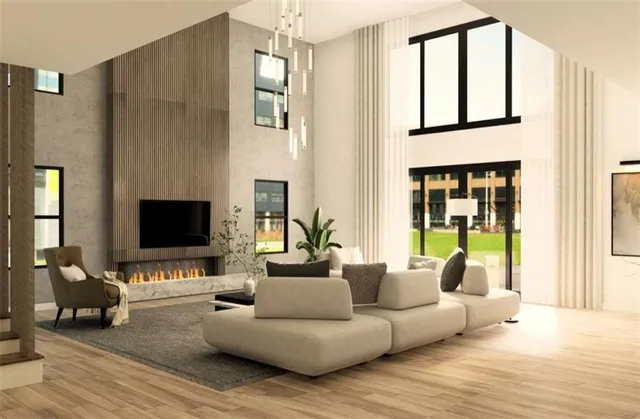 a kitchen with a table chairs refrigerator and cabinets