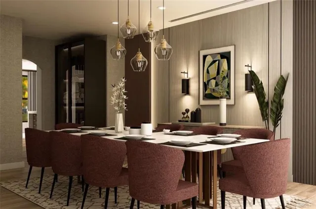 a view of a dining room with furniture