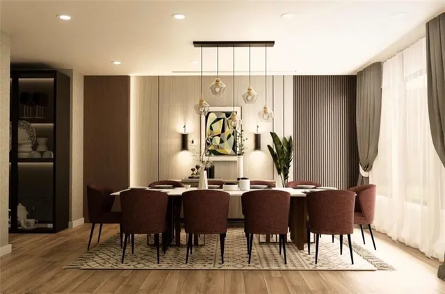 a view of a dining room with furniture