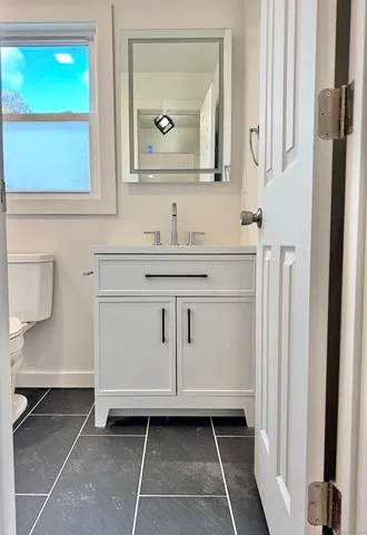 a bathroom with a sink a toilet and a mirror