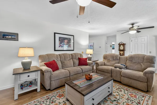 a living room with furniture and a rug