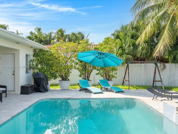 a view of a swimming pool with a patio