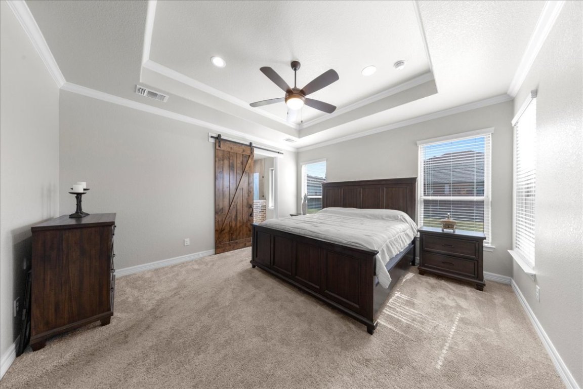 3810 Green Tree Loop Temple, TX 76502 - Photo 24 of 40 Bedroom with crown molding, a barn door, light carpet, a ceiling fan, and a tray ceiling