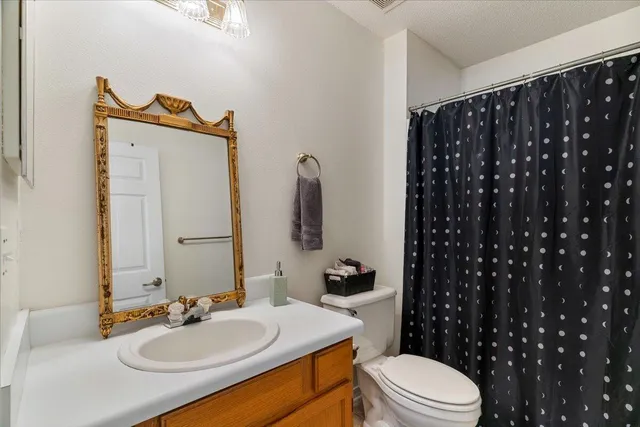 a bathroom with a sink a toilet and shower curtain