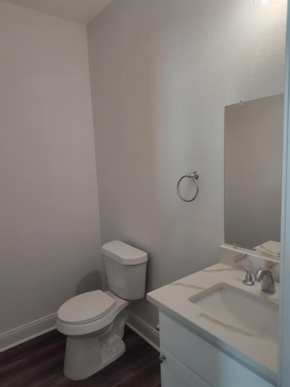 20008 Boggy Ford Road Lago Vista, TX 78645 - Photo 13 of 17 Half bathroom with vanity and dark wood finished floors