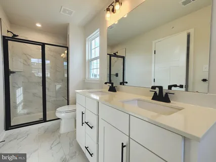 a bathroom with a double vanity sink toilet and shower