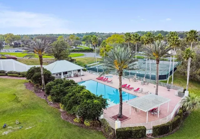 a view of a swimming pool with a garden and mountain view