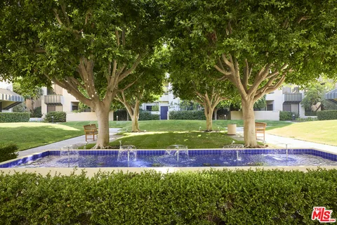 a garden with flowers and trees