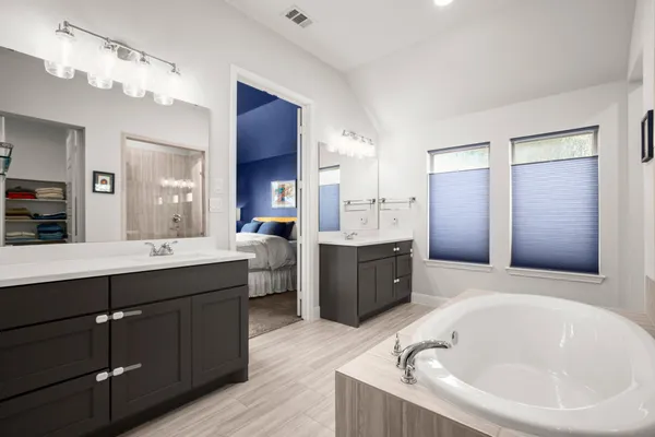 a bathroom with a tub double vanity sink and a large mirror