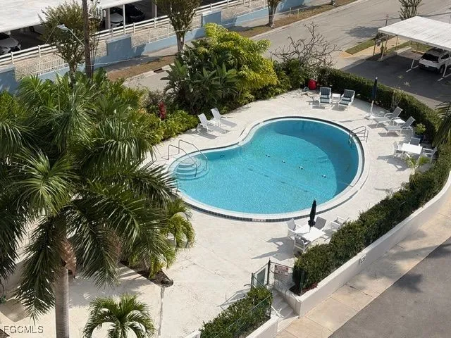 an outdoor view with a swimming pool