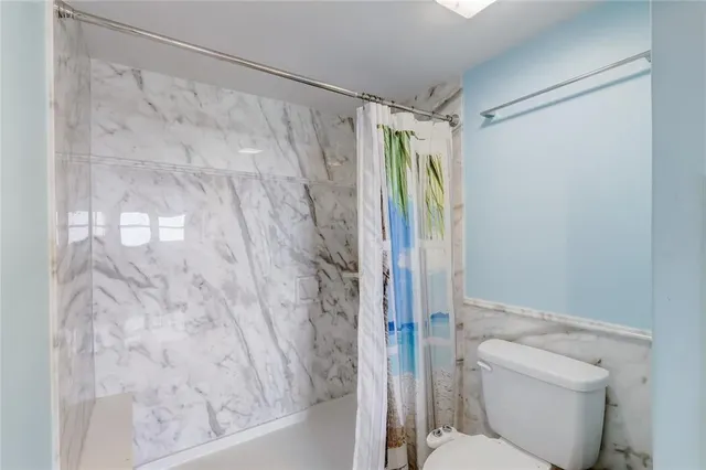 a bathroom with a shower and a toilet