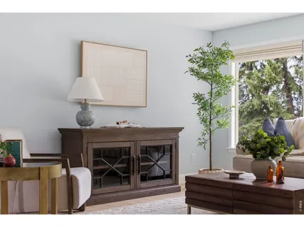 a living room with furniture and a potted plant