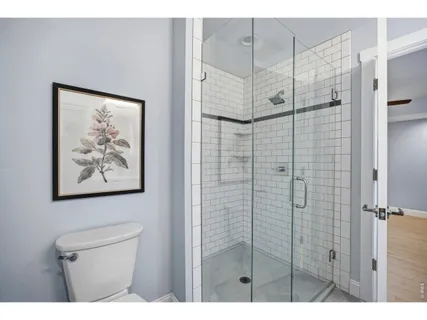 a bathroom with a shower and a toilet
