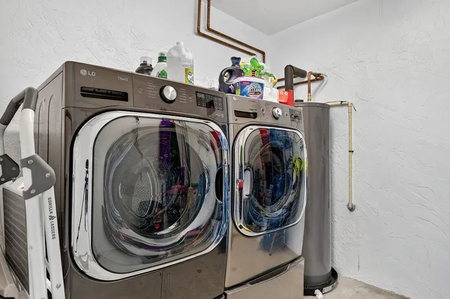 a backyard of a house with plants and large trees
