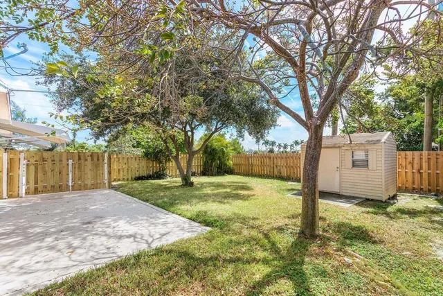a view of a yard with a house and large tree
