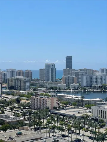 a city view with tall buildings