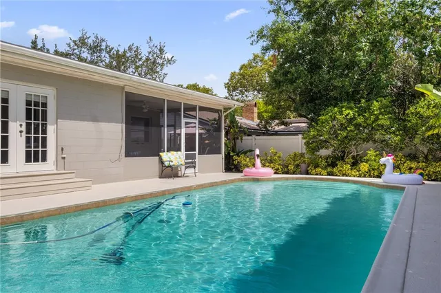 a view of a backyard with plants and a large tree