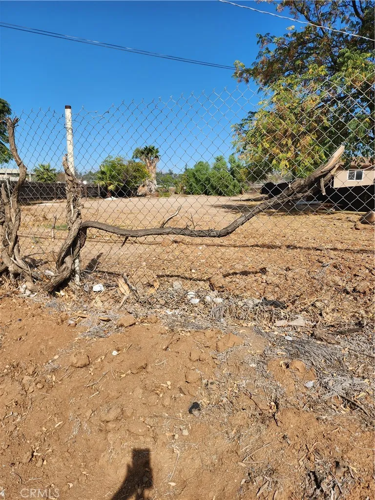 a view of a dry yard with wooden fence