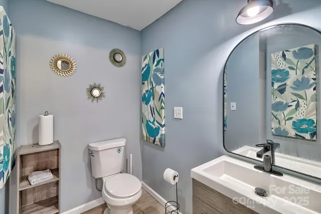 a bathroom with a sink mirror vanity and toilet