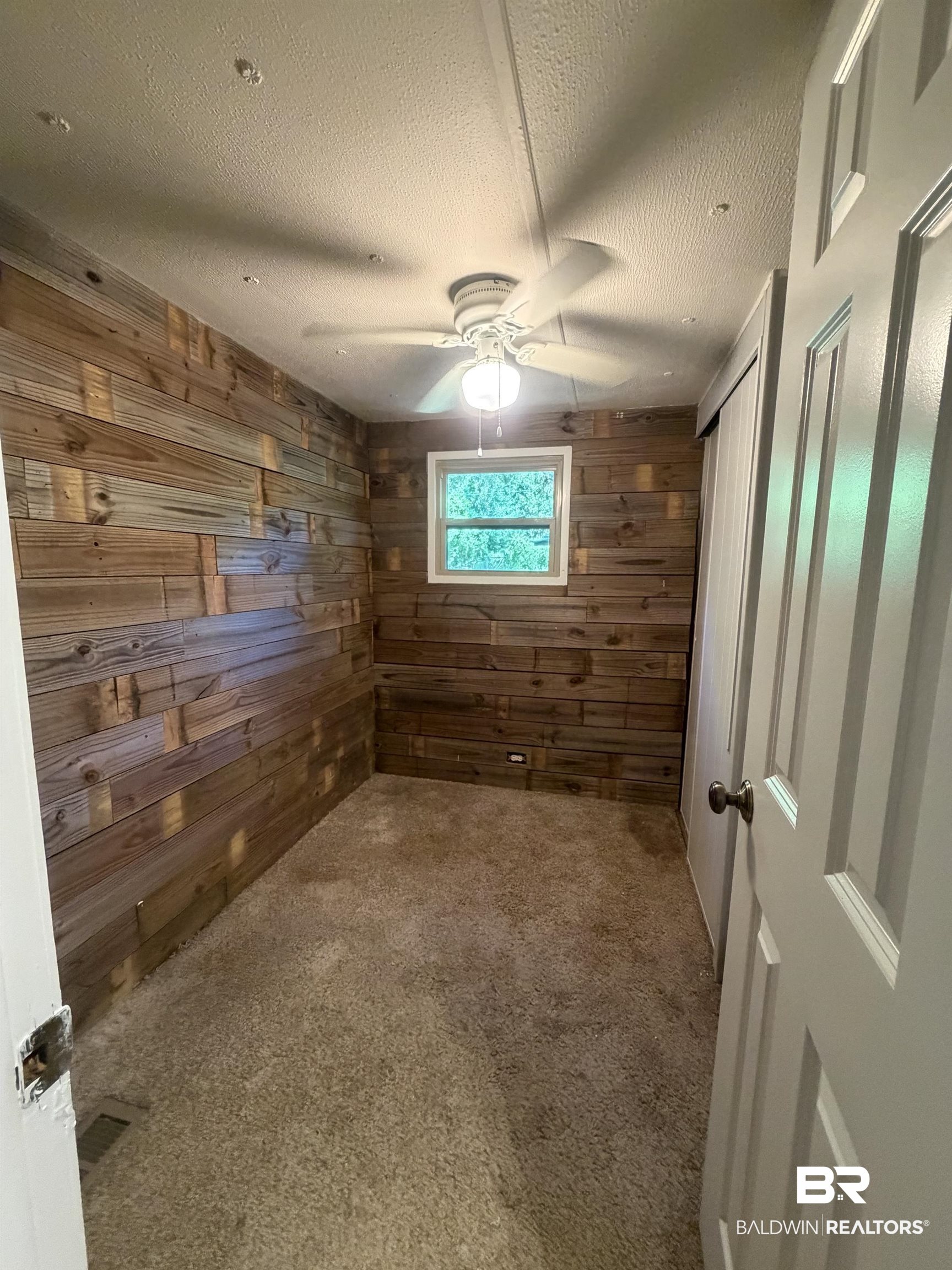 1354 Caney Loop Lillian, AL 36549 - Photo 19 of 45 Room featuring wood-plank accent walls, light-colored carpeting, and a ceiling fan with integrated lighting