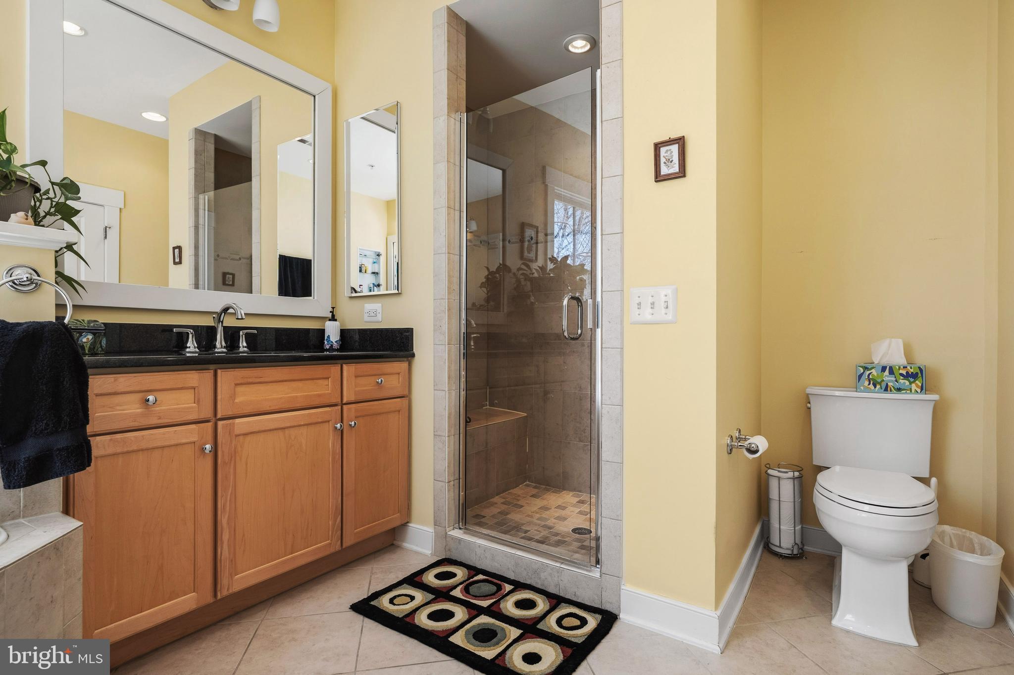 9530 Ament Street Silver Spring, MD 20910 - Photo 29 of 55 a bathroom with a granite countertop sink a toilet a shower and a mirror