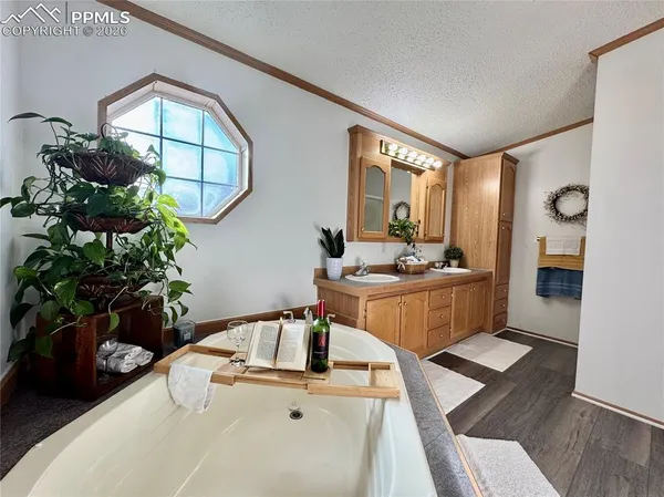 a room with table and mirror