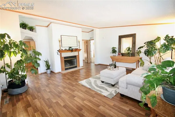 a living room with furniture potted plant and a fireplace
