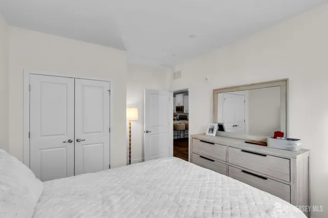 a bedroom with a bed and a closet