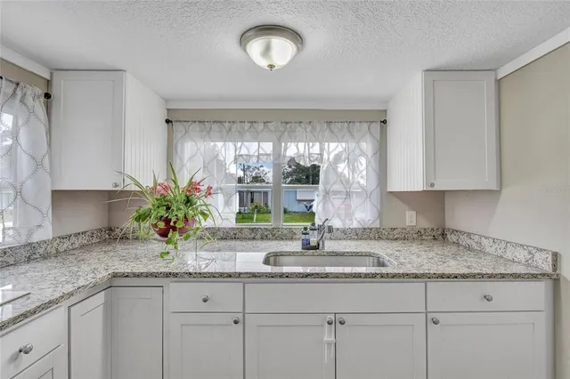 a kitchen with granite countertop a sink flowers in it and white cabinets