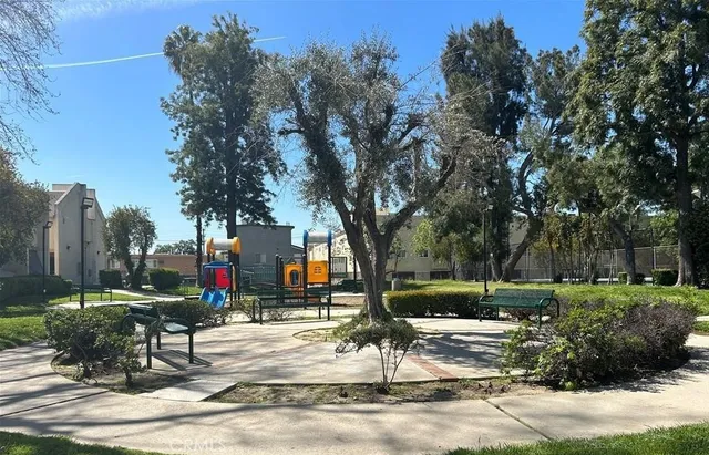 a view of a park with plants and trees