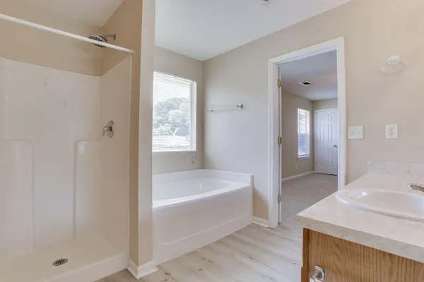 a bathroom with a bathtub and a sink