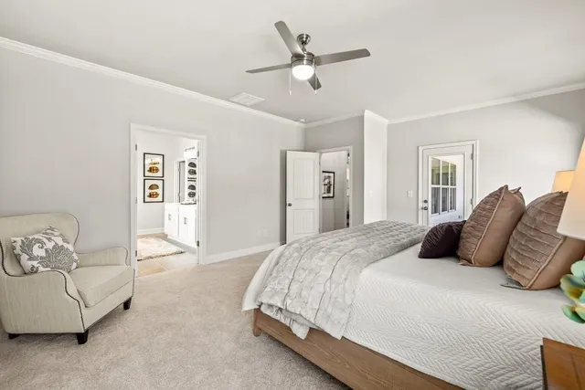 a bedroom with a bed and ceiling fan