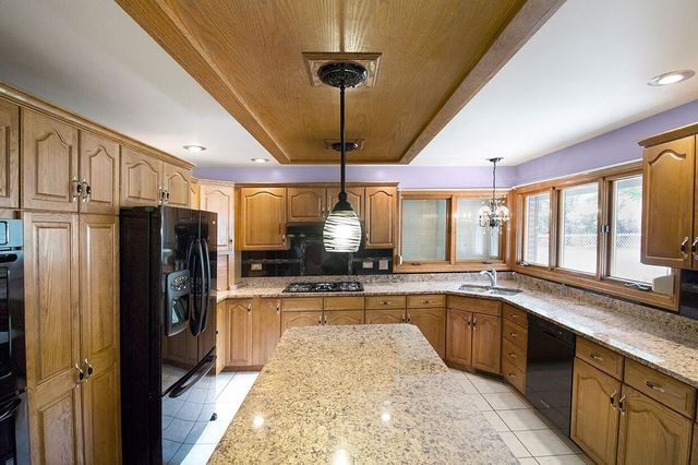 1901 East Burville Road Crete, IL 60417 - Photo 9 of 39 a kitchen with stainless steel appliances granite countertop a refrigerator a sink dishwasher a stove and a dining table with wooden floor