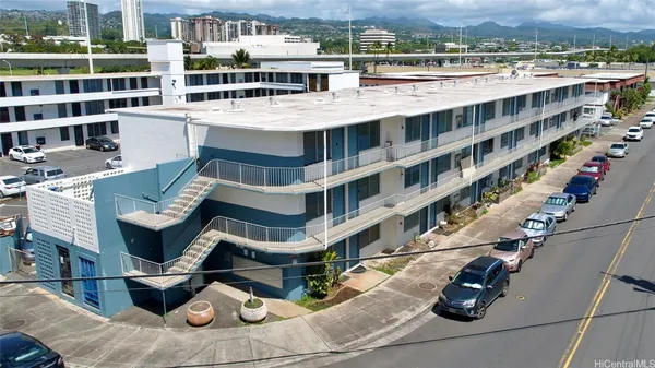 a view of a building with a ocean view