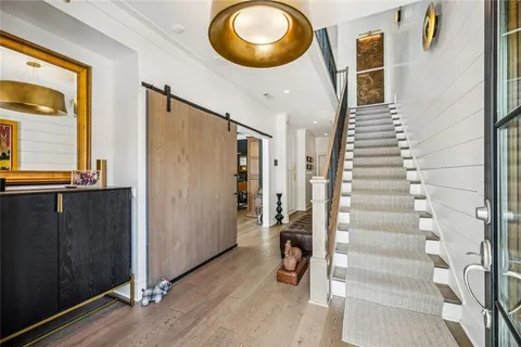 a view of a hallway with painted walls