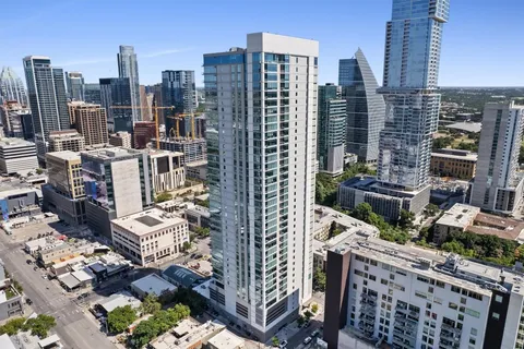 a city view with tall buildings