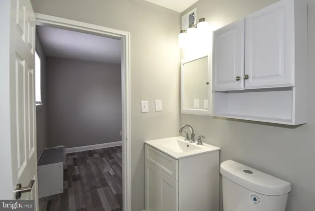 a bathroom with a sink a toilet and vanity