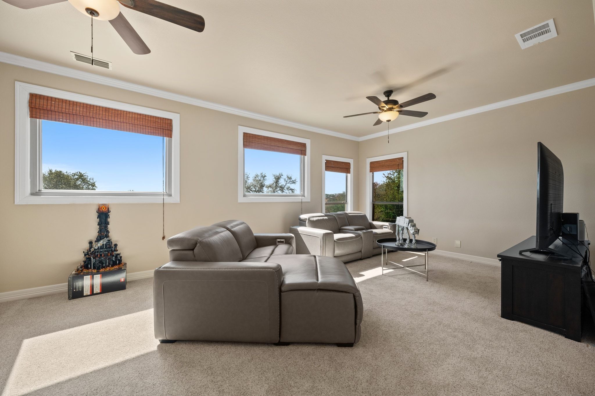 185 Shimmering Shore Court Spring Branch, TX 78070 - Photo 24 of 36 Carpeted living room with a ceiling fan and crown molding
