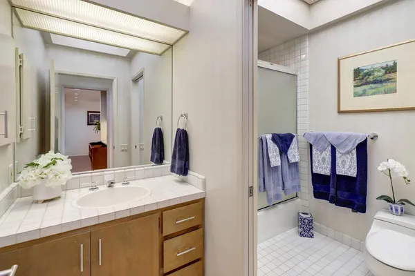 a bathroom with a granite countertop sink a toilet and a mirror