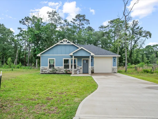 a front view of a house with yard and green space