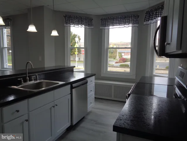 a kitchen with stainless steel appliances granite countertop a sink a microwave a refrigerator and white cabinets