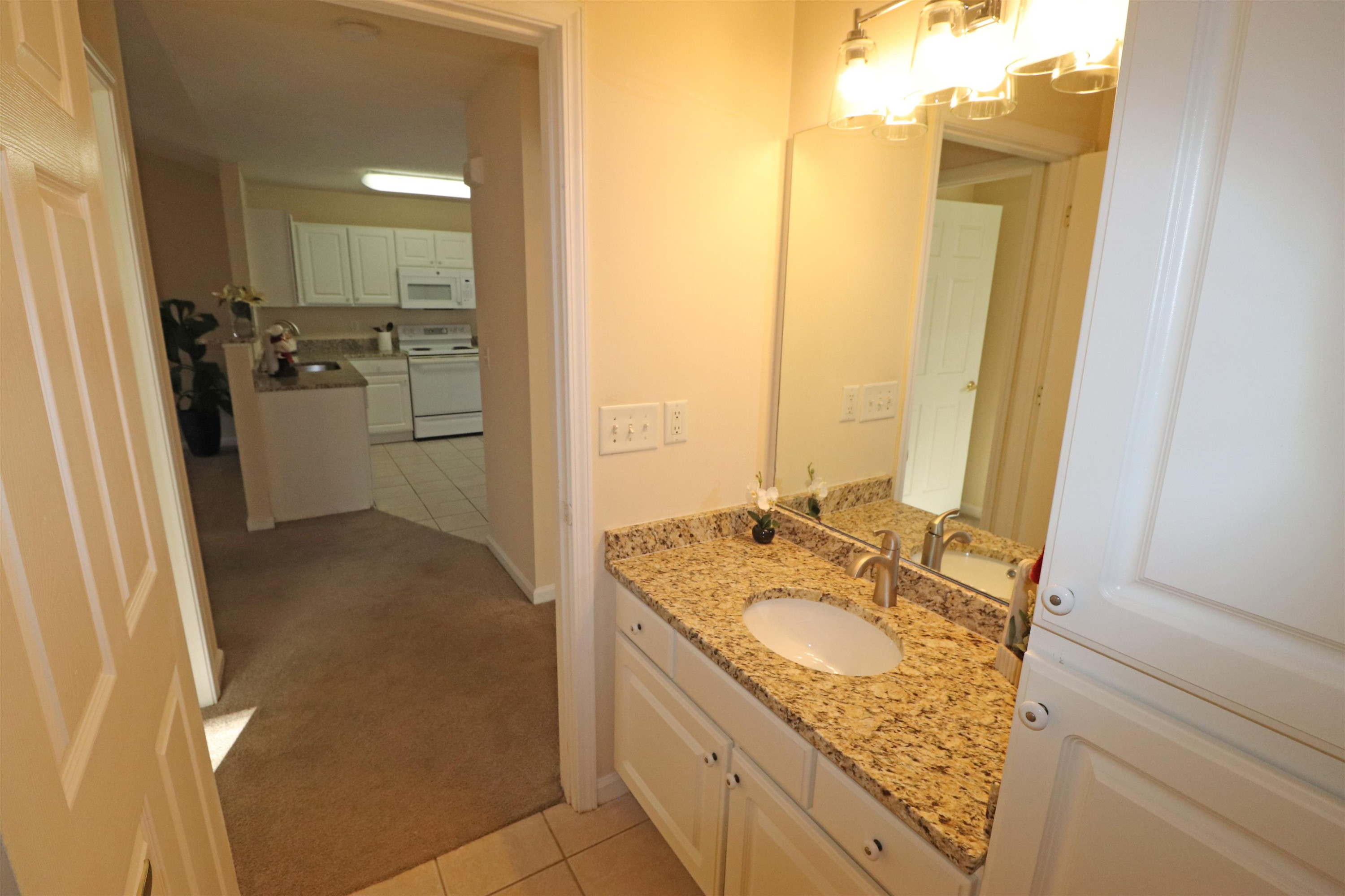 11371 Involute Place, Unit 103 Raleigh, NC 27617 - Photo 24 of 34 a bathroom with a granite countertop sink a mirror and shower
